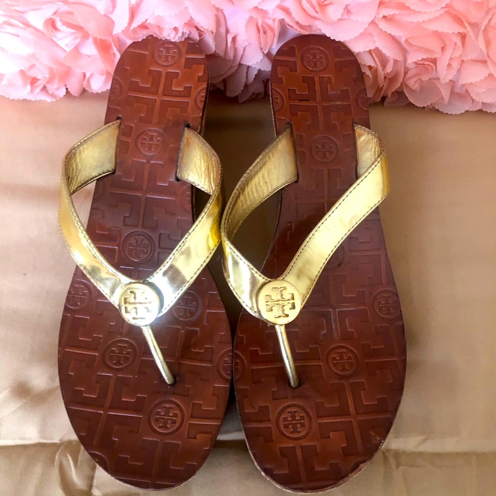 Tory Burch Gold Strap Wedge Sandals